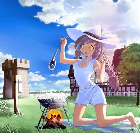 Wallpaper Illustration Long Hair Anime Girls Grass Sky Legs Hat