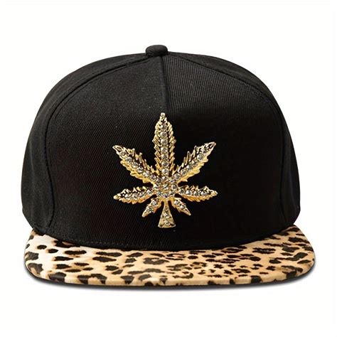 Leopard Print Patchwork Baseball Cap Metal Maple Leaf Adjustable Hip