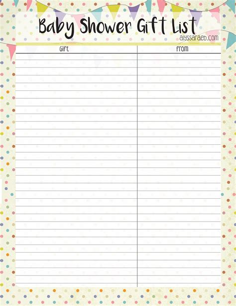 Save time and money by printing your own baby shower activity! Baby Shower Gift List Template - Alyssa Rae