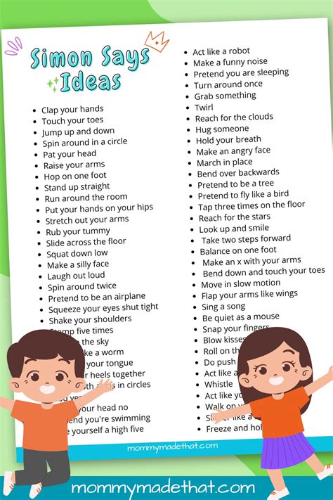 simon says ideas free printable list of game commands