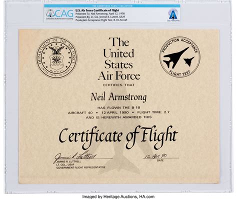 Neil Armstrongs B 1b Bomber Certificate Of Flight Directly From Lot