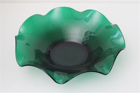vintage emerald green glass centerpiece console bowl large ruffled shape