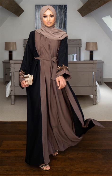 buy our stunning black closed abaya with pretty gold pearl lace detailing throughout the abaya