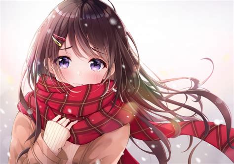 Wallpaper Anime Girl Red Scarf Brown Hair Teary Eyes Sweater