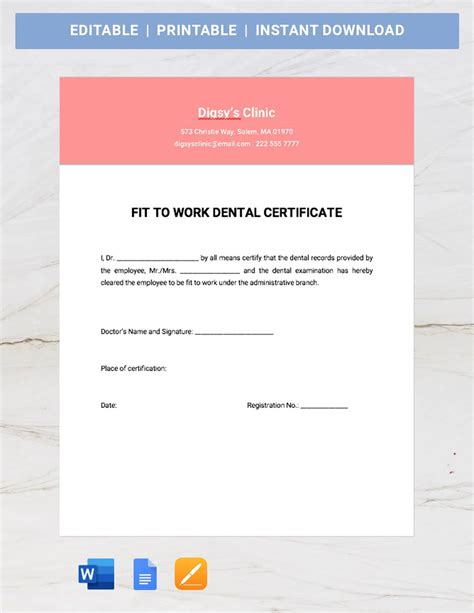 Fit To Work Dental Certificate Template Google Docs Word Apple Pages Template Net