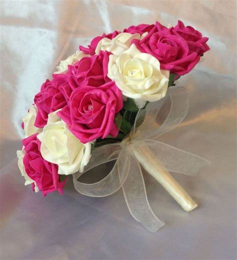 Artificial Flowers Hot Pinkivory Foam Rose Bride Wedding Bouquet Diamante