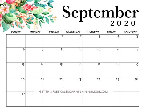 Free Printable September 2020 Calendar 12 Pretty Styles