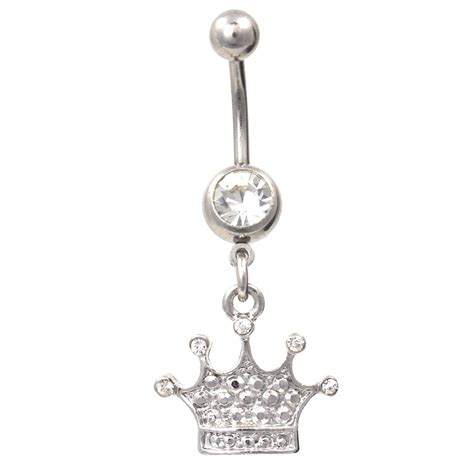 Princess Crown Dangle Navel Belly Ring Wpaved Clear Cz Gems Button Piercing Body Jewelry