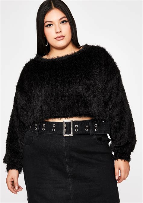 Plus Size Long Sleeve Crop Top Fuzzy Sweater Boxy Knit Dolls Kill