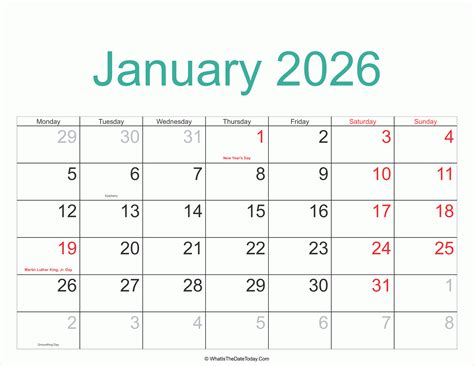 January 2026 Calendar Printable With Holidays Whatisthedatetodaycom