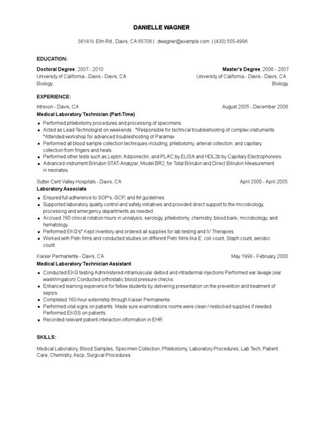 A lab technician resume must showcase skills in collecting and testing body fluid specimens, drafting test reports, and performing common responsibilities included in a lab technician resume are handling and maintaining lab equipment, labeling and sorting specimens, analyzing samples during. Medical Laboratory Technician Resume Examples and Tips ...
