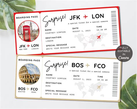 Editable Boarding Pass Template Airline Ticket Canva Etsy Boarding Pass Template Airplane