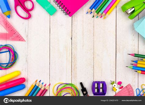 School Supplies Frame White Wood Background Copy Space Stock Photo By