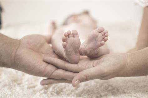 Baby Feet With The Hands Of The Parents Giving Love Stock Photo Image