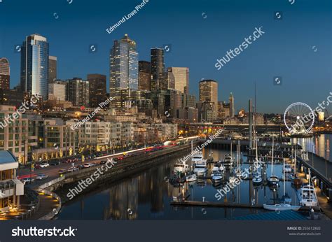 Seattle Waterfront At Sunset The Seattle Washington Waterfront And
