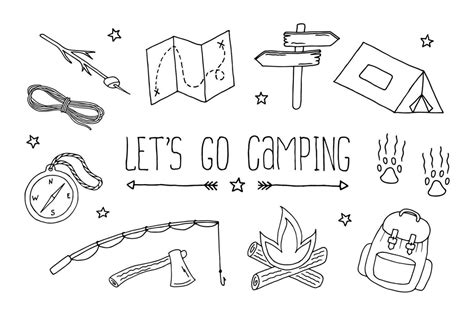 Lets Go Camping Set Backpacking Drawing Editable Doodle Illustration