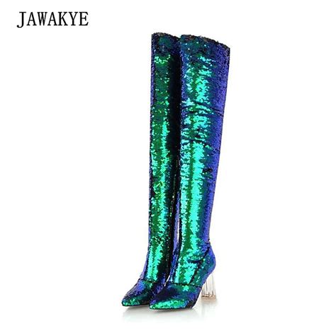 jawakye shiny green gold glitter stretch thigh high boots women chunky clear high heels point