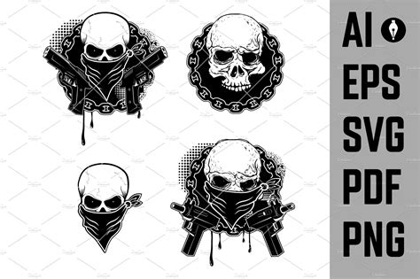 Set Of The Gangsta Skull Emblems Illustrator Graphics ~ Creative Market
