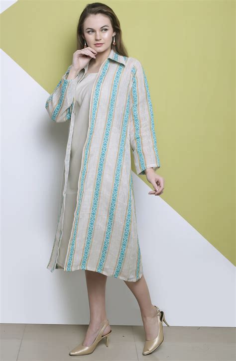Linen Khadi Coat Dress Teal Detail Dresses Women