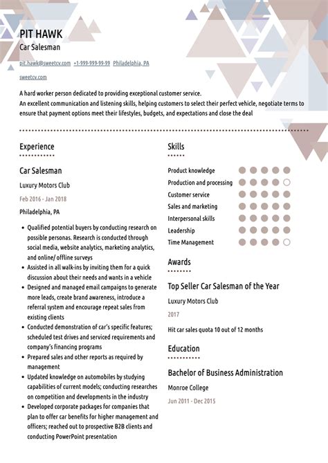 Car Salesman Resume Example And Auto Sales Agent Cv Template