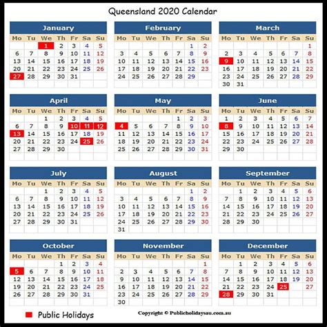 Free 2020 Qld Public Holidays School Holiday Calendar School