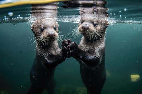 Premium Ai Image Pair Of Baby Otters Holding Hands While Swimming In