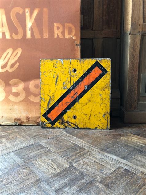 Vintage Road Sign, Traffic Safety Sign, Yellow Warning Caution Sign, Industrial Wall Decor