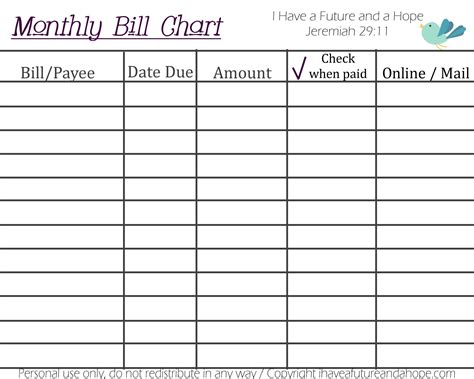 Free Printable Monthly Bill Chart Best Calendar Example