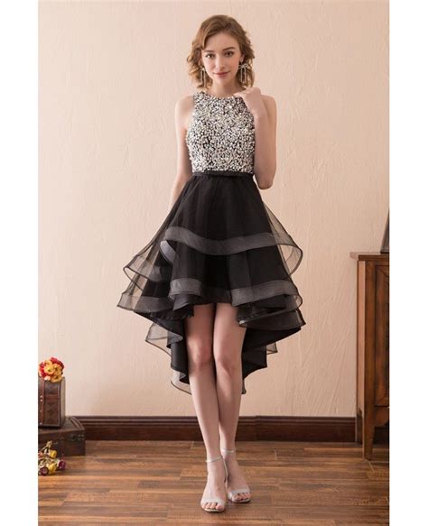 2018 High Low Black Prom Dress With Sparkly Bodice For Teens Ch6670