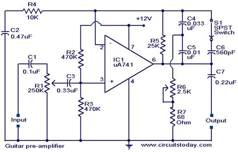 This amplifier is a mono amplifier type, can be modif for guitar amplifiers. Guitar pre-amplifier using uA 741.