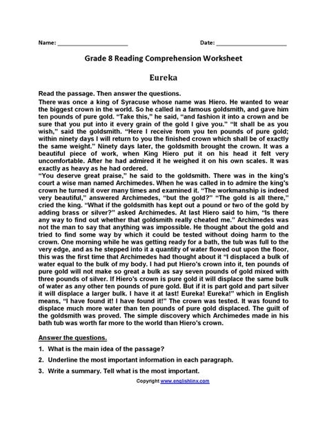 Get 8th Grade Reading Comprehension Worksheets With Answers Stock