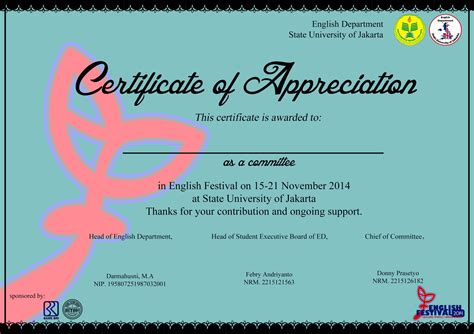 Certificate Of Appreciation For E Fest Committee