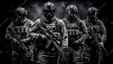 Premium Photo Armed Special Forces Group On A Dark Background Law And