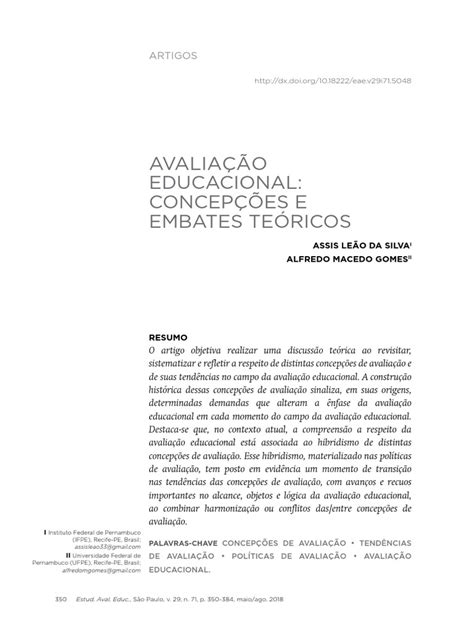 Texto Avaliação Educacional Concepções E Embates Teóricos Silva A E