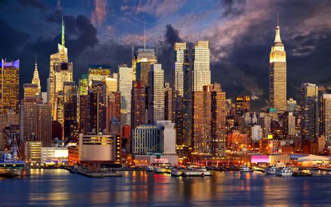 New York Wolkenkratzer Küste Lichter Nacht Manhattan Usa