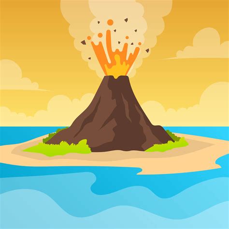 Flat Volcano Eruption With Orange Sky Vector Background Illustration