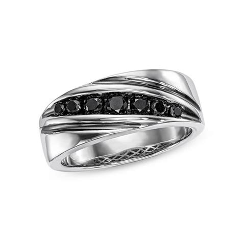 Men S 1 2 Ct T W Enhanced Black Diamond Seven Stone Slant Wedding Band In Sterling Silver