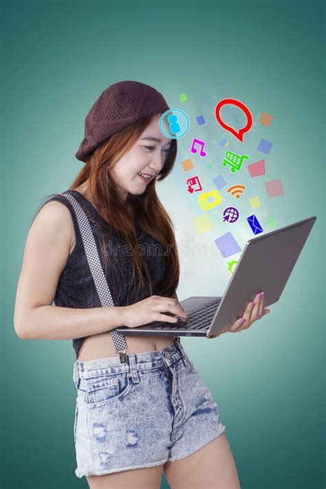 Girl Using Social Media With Laptop Stock Image Image Of Girl