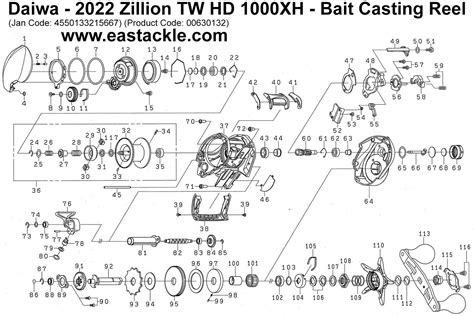 Daiwa 2022 Zillion TW HD 1000XH Bait Casting Reel Schematics And