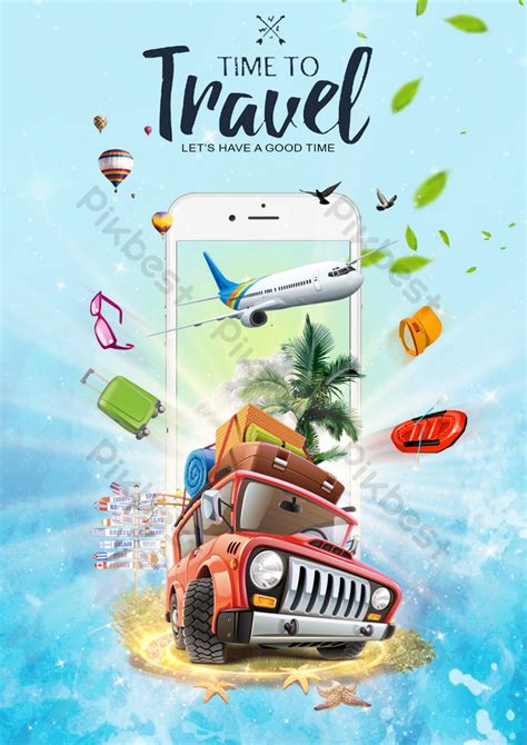 Travel Poster Set Template Design With Promo Text And Car Tourist In