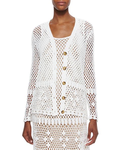 Michael Michael Kors Long Sleeve Button Front Crochet Cardigan In White