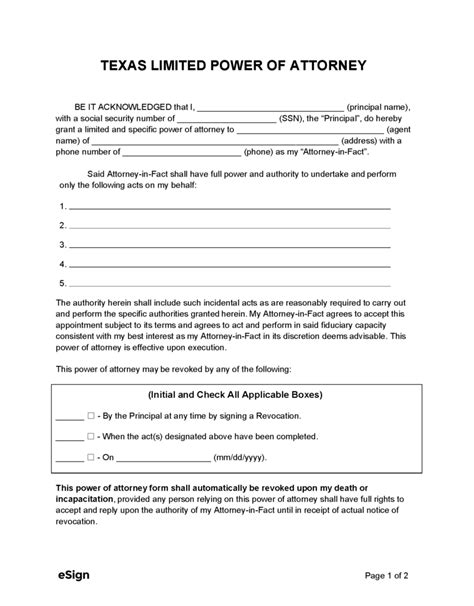 Free Texas Limited Power Of Attorney Form Pdf Word