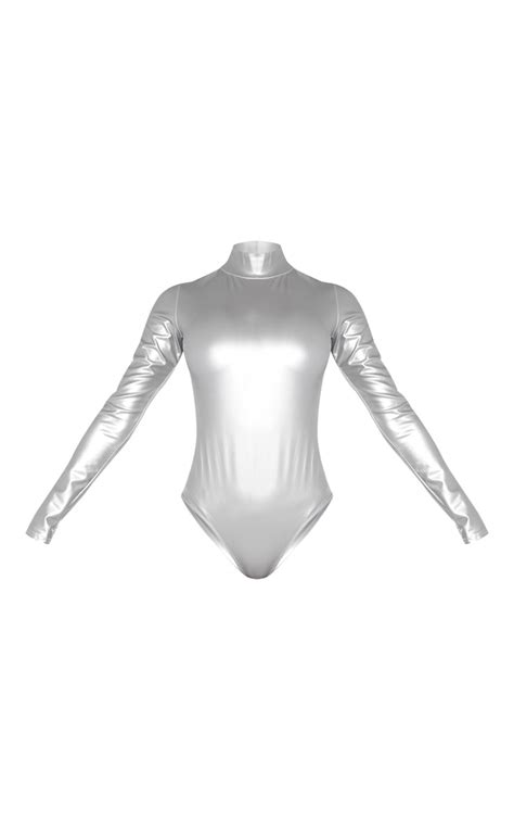 Silver Metallic High Neck Long Sleeve Bodysuit Prettylittlething Aus