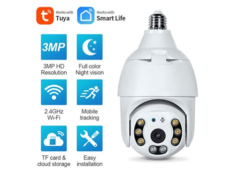 Sno Smart Life E27 Bulb Tuya Wifi Camera 3mp Ptz Cam With Full Light
