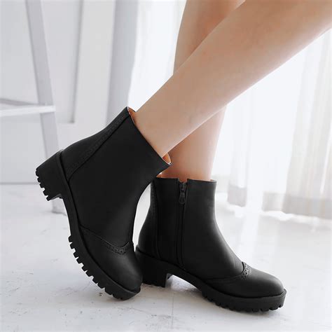 platform thick with low heel round toe zipper ankle pu leather casual ladies boots on luulla