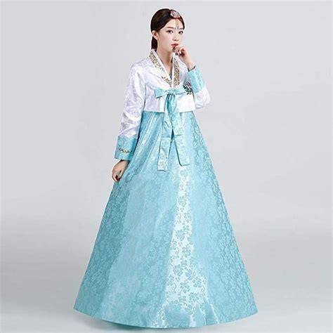 Women S Korean Traditional Long Sleeve Hanbok Dancing Dress Cosplay Costume White And Blue In 2020