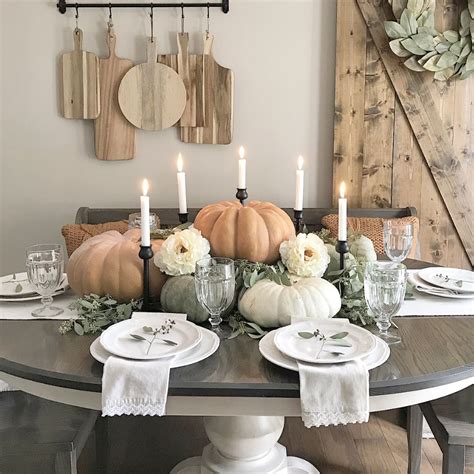 Table Set For Fall With Pumpkins Candles And Flowers Fall Dining
