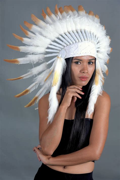 Indian Headdress Replica Short Length White And Gold Etsy Indian Headdress Headdress
