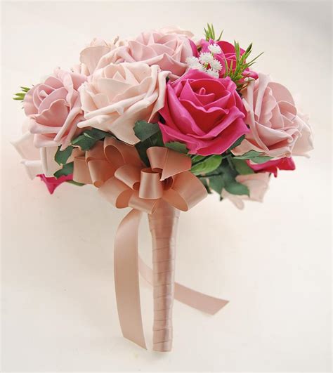 Brides Mixed Pink Rose Silk Gypsophila Rosemary Wedding Bouquet