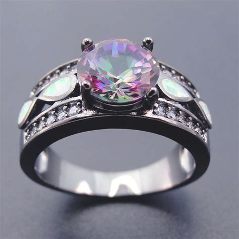 New Arrival Black Gold Plated Jewelry Wedding Ring With Rainbow Mystic